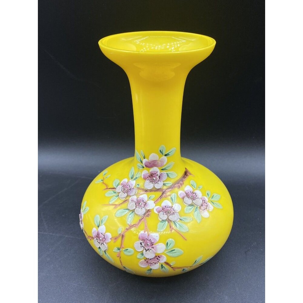 Czech Yellow Glass Painted Cherry Blossom 8” Vase Vintage Czechoslovakian
